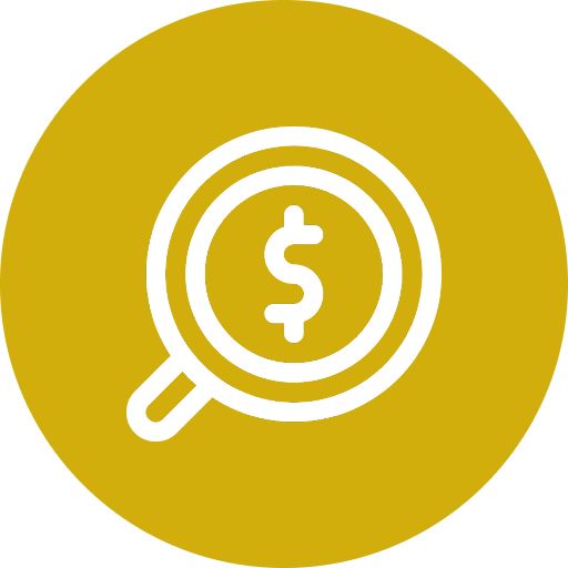 Magnifying glass over dollar symbol icon.