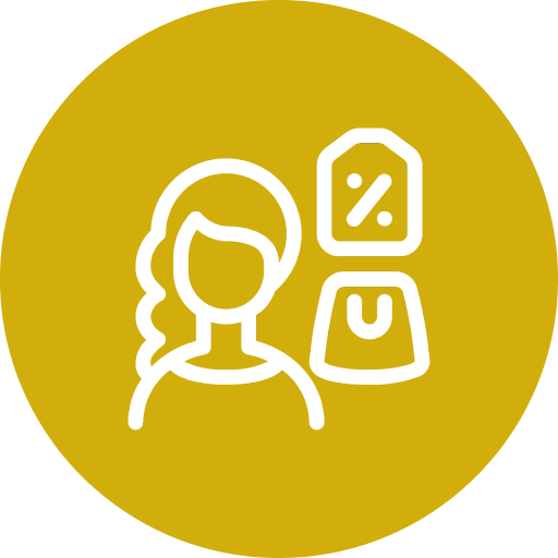 Shopper icon with discount and bag symbols.