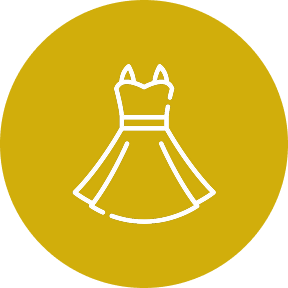 White dress icon on yellow circle background.