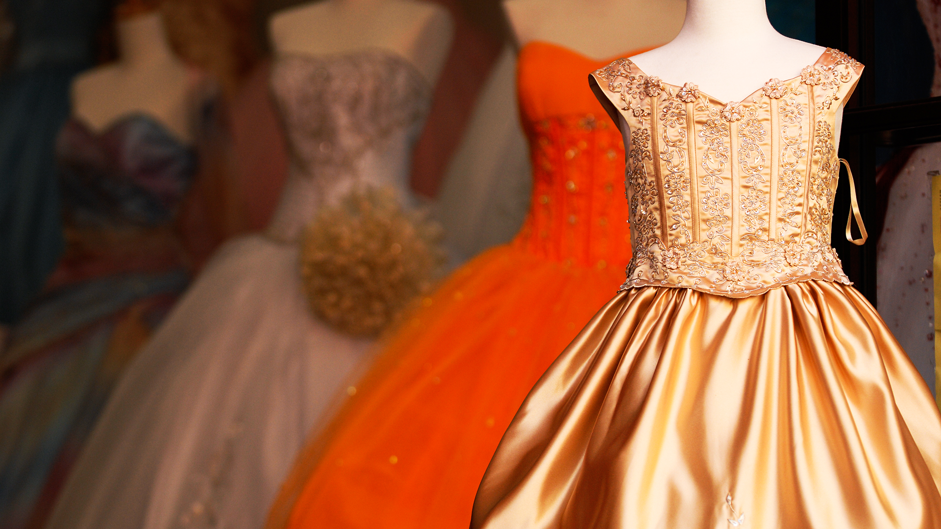 Gold gown displayed among colorful dresses.